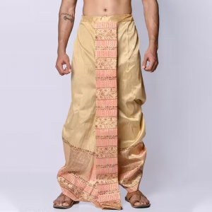 Hand Block Print Dupion Silk Dhoti For Men Readymade Dhoti Printed Men Dhoti